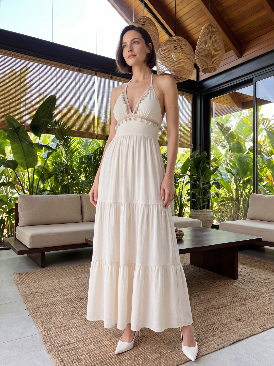 OTTILIE Women's Halter Neck Open Back Boho Maxi Dress