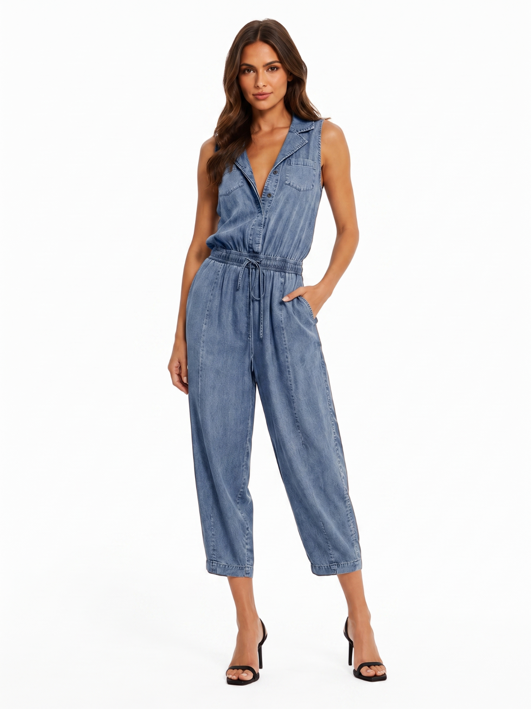 AUDRINA Women's Sleeveless Washed Denim Utility Jumpsuit