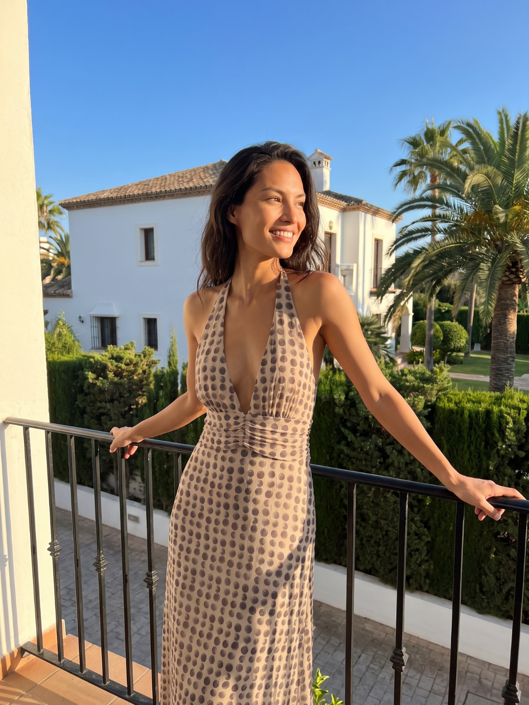 Lydia | Polka Dot Halter Plunge Backless Maxi Dress