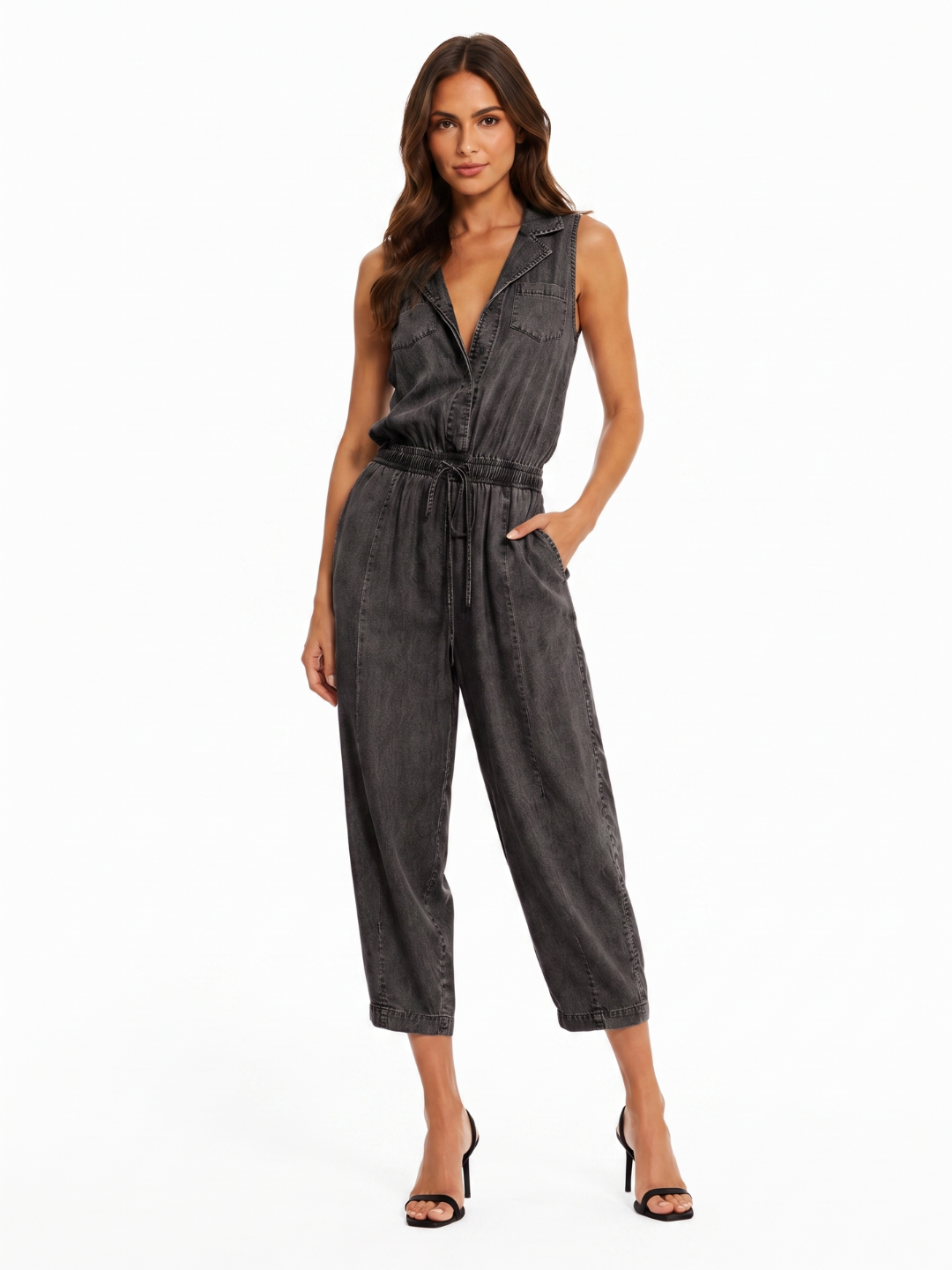 AUDRINA Women's Sleeveless Washed Denim Utility Jumpsuit