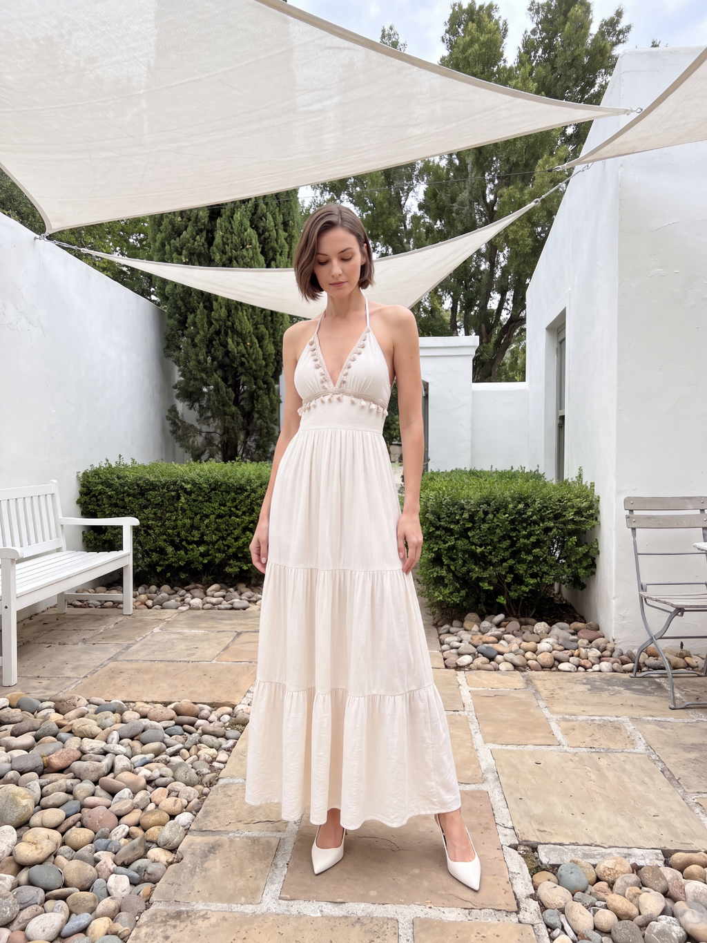 OTTILIE Women's Halter Neck Open Back Boho Maxi Dress