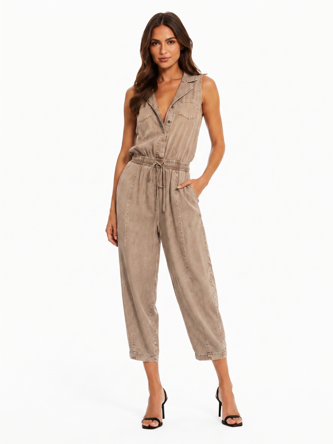 AUDRINA Women's Sleeveless Washed Denim Utility Jumpsuit