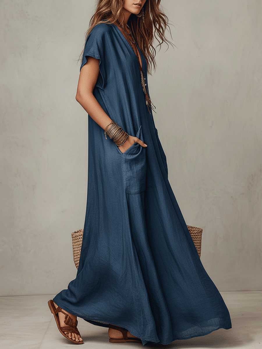 Polly | Linen V-Neck Caftan Maxi Dress