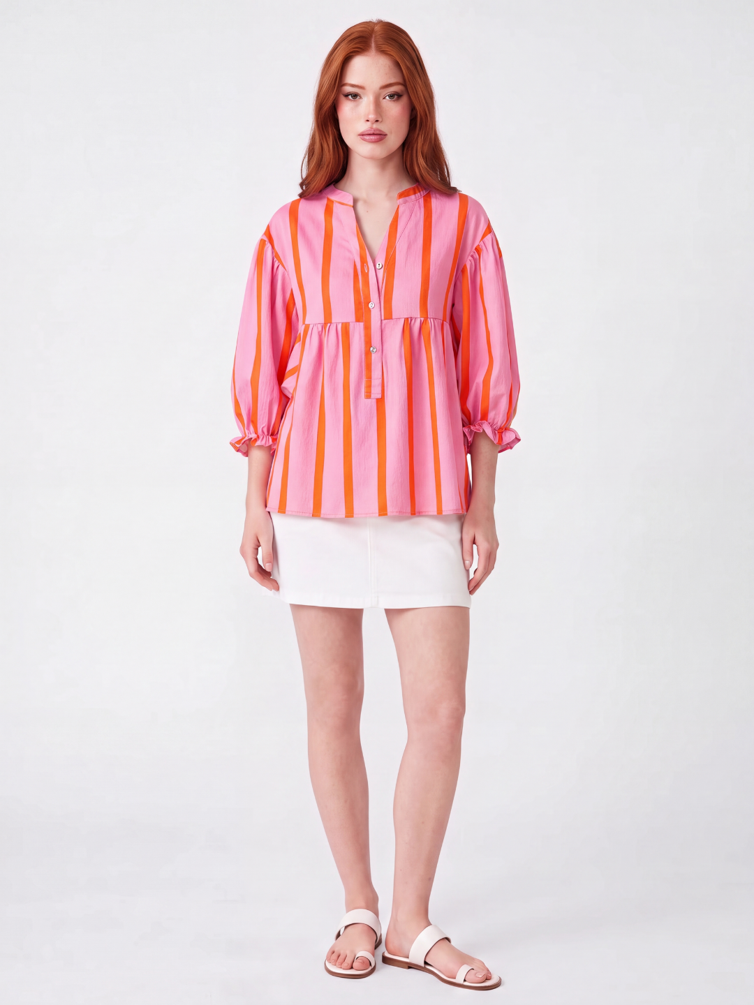 CALLA Women's Striped Notch-Neck Button-Front Peplum Blouse