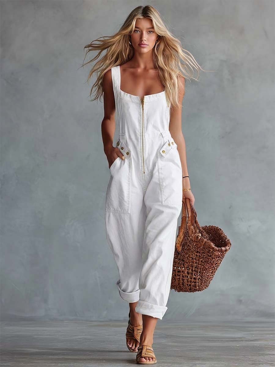 Sloane | Denim Cargo Square-Neck Jumpsuit