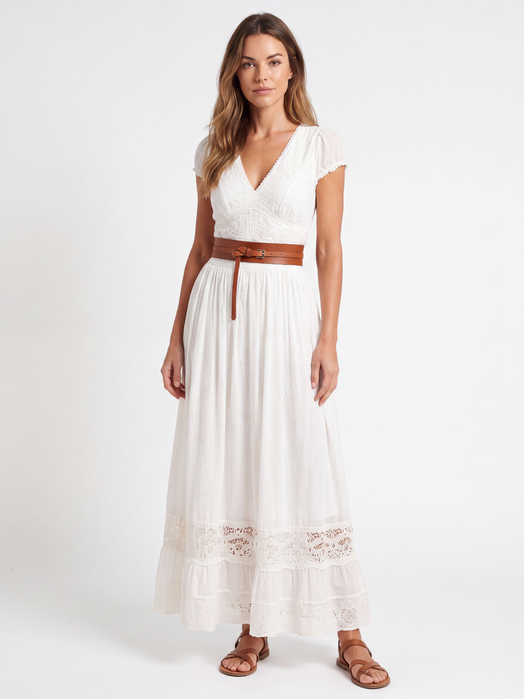 QUILLA Women's Puff Sleeve Lace Embroidered Boho Maxi Dress