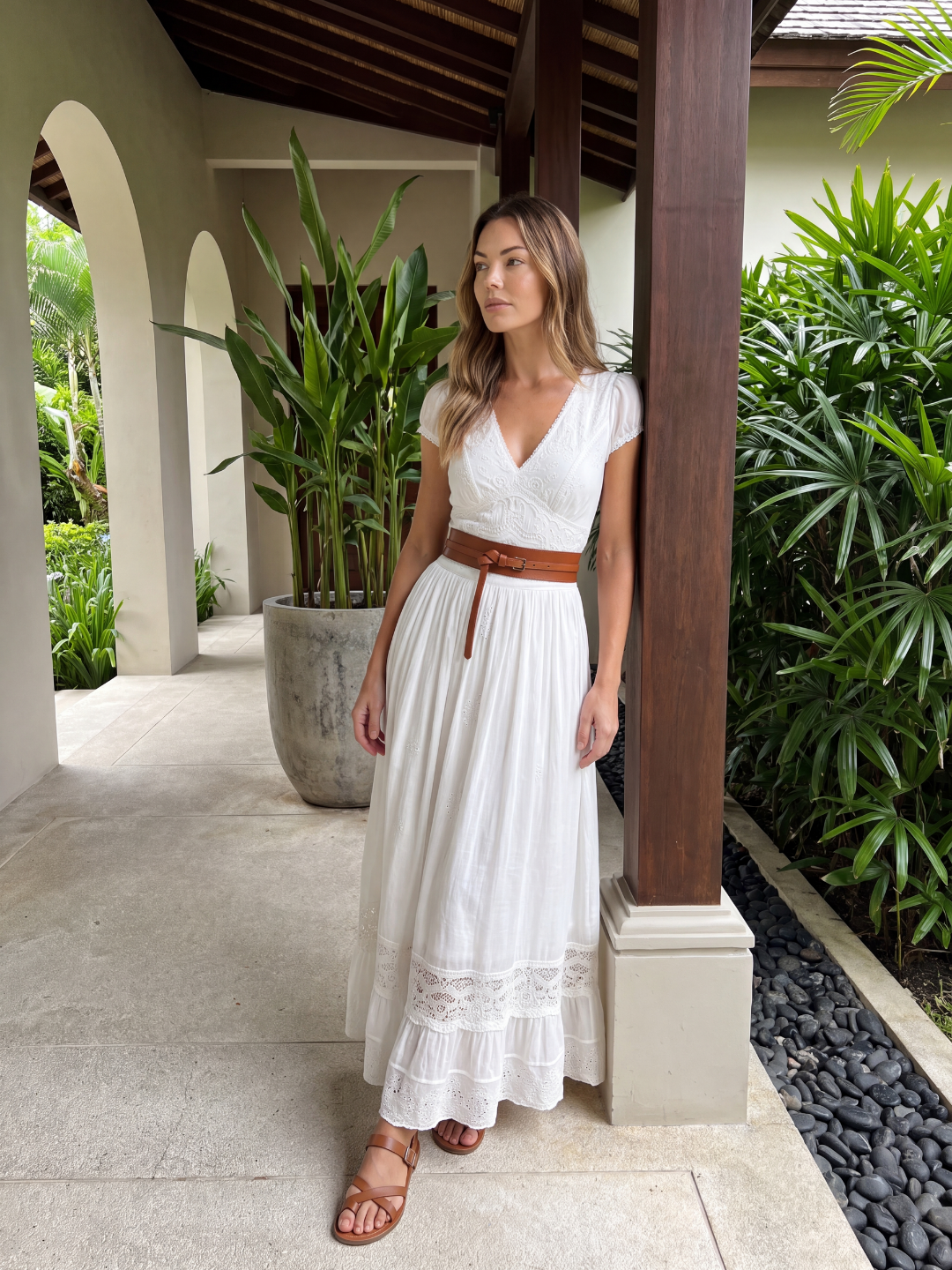 QUILLA Women's Puff Sleeve Lace Embroidered Boho Maxi Dress