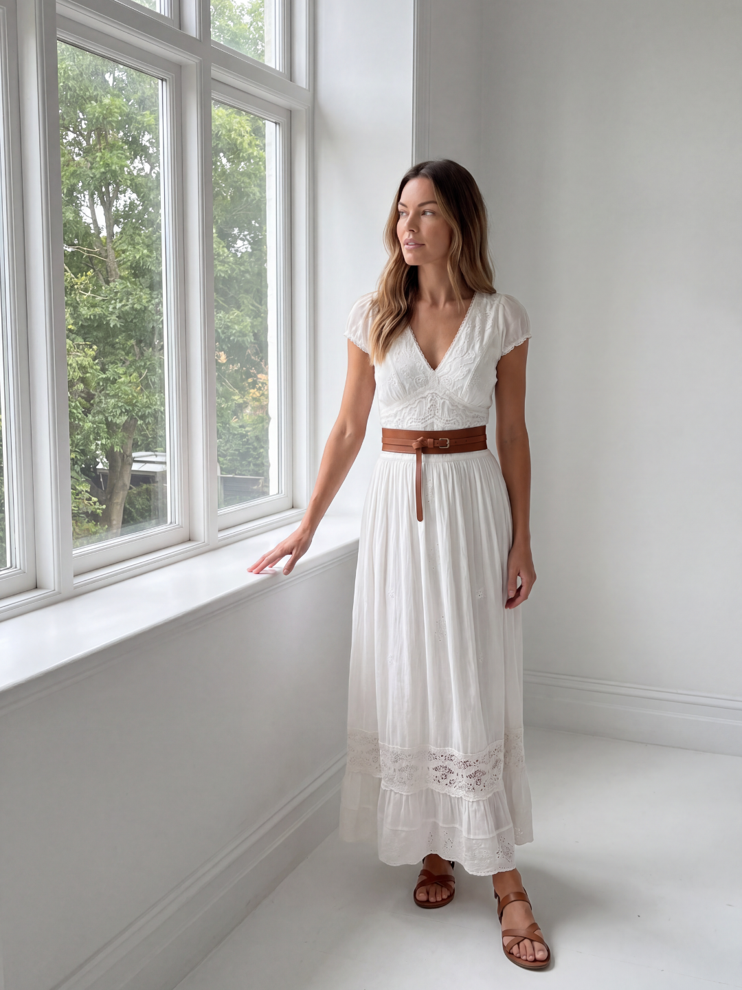 QUILLA Women's Puff Sleeve Lace Embroidered Boho Maxi Dress
