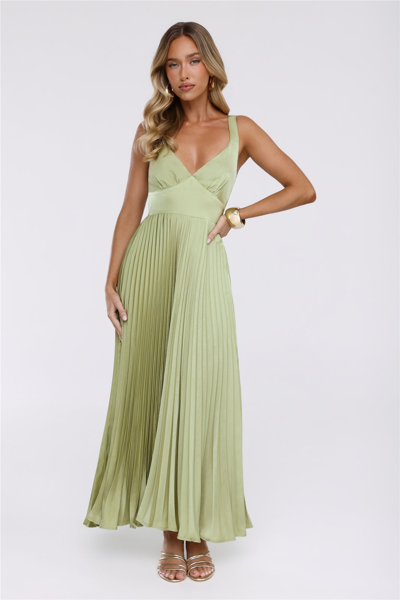 Phoebe | V-Neck Pleated Satin Maxi Dress