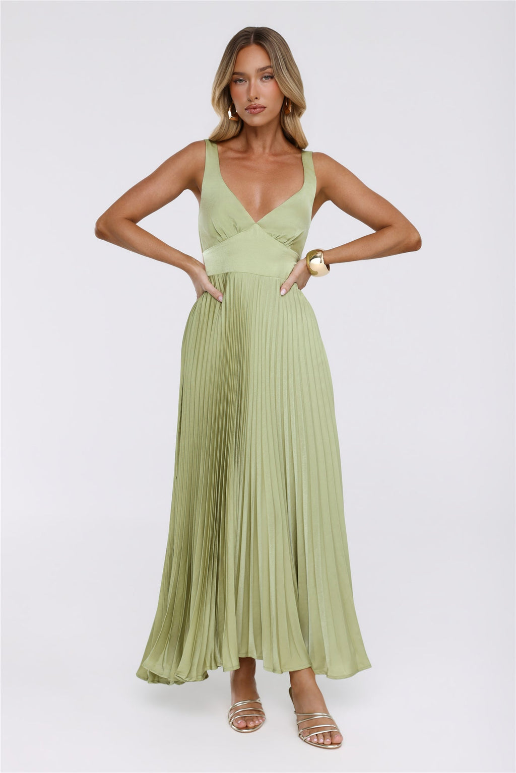 Phoebe | V-Neck Pleated Satin Maxi Dress