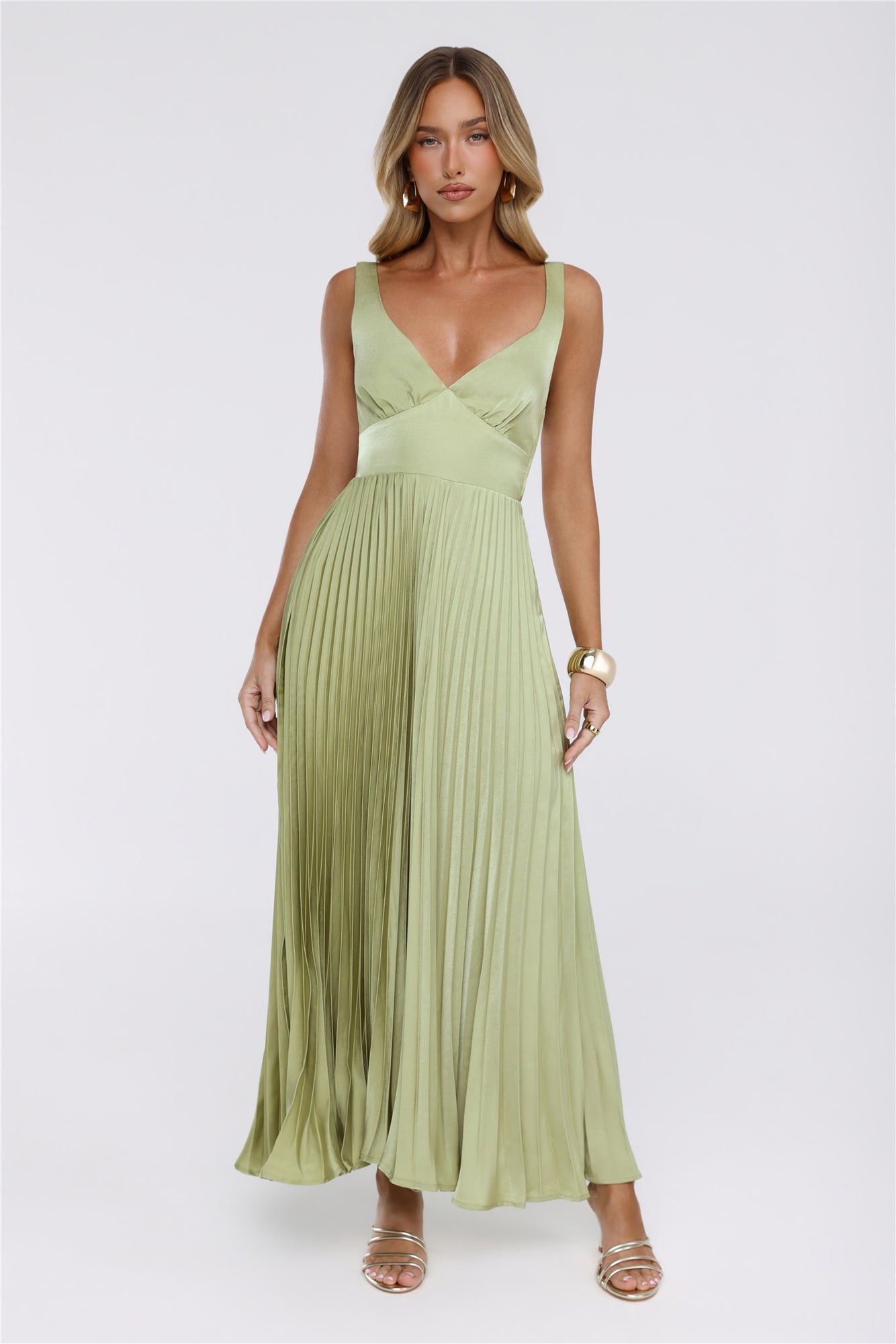 Phoebe | V-Neck Pleated Satin Maxi Dress