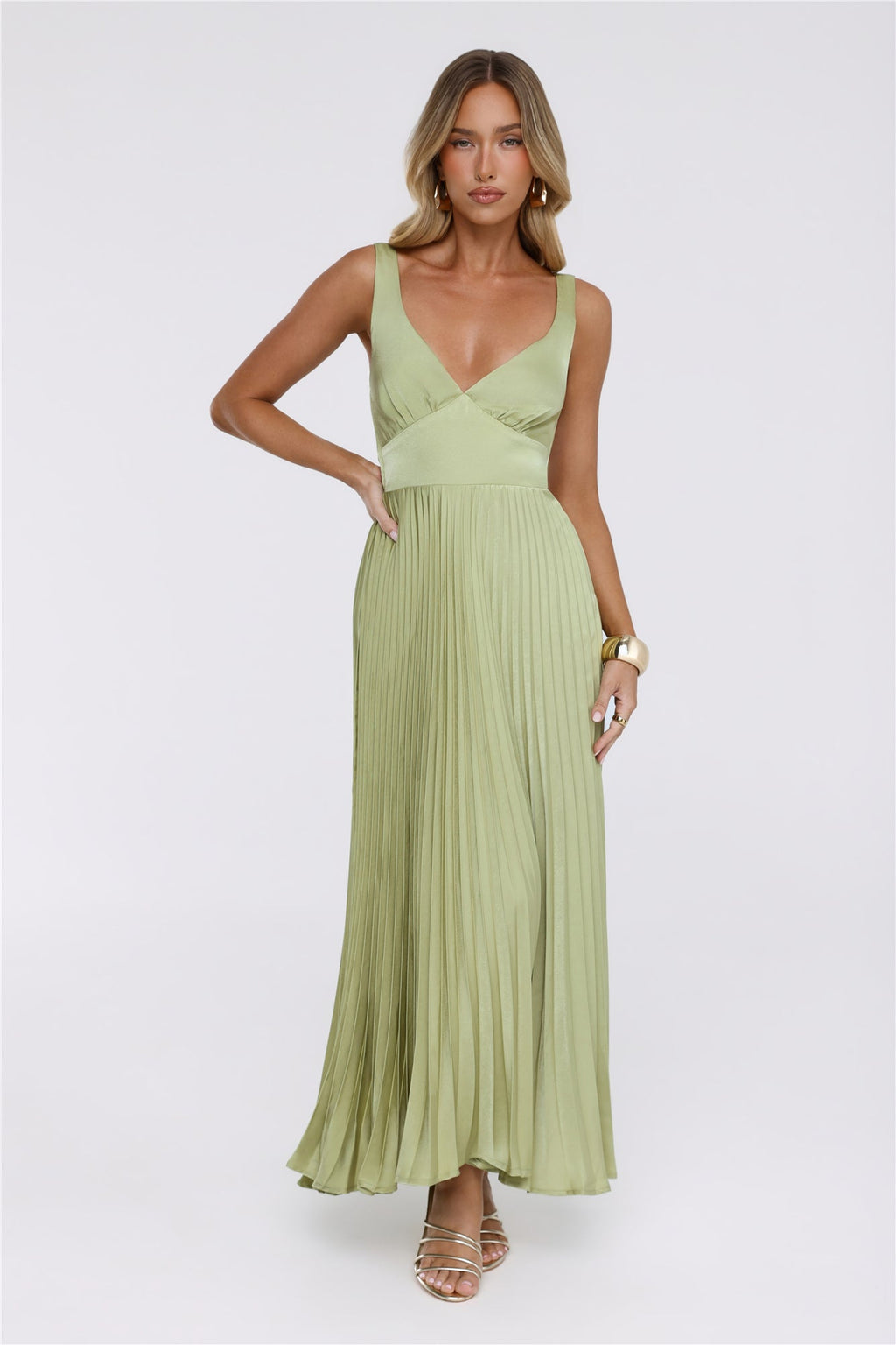 Phoebe | V-Neck Pleated Satin Maxi Dress