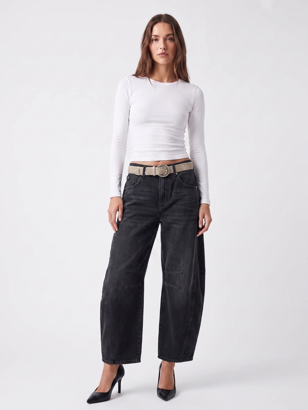 BRISEIS Women's Mid-Rise Barrel Leg Cropped Jeans