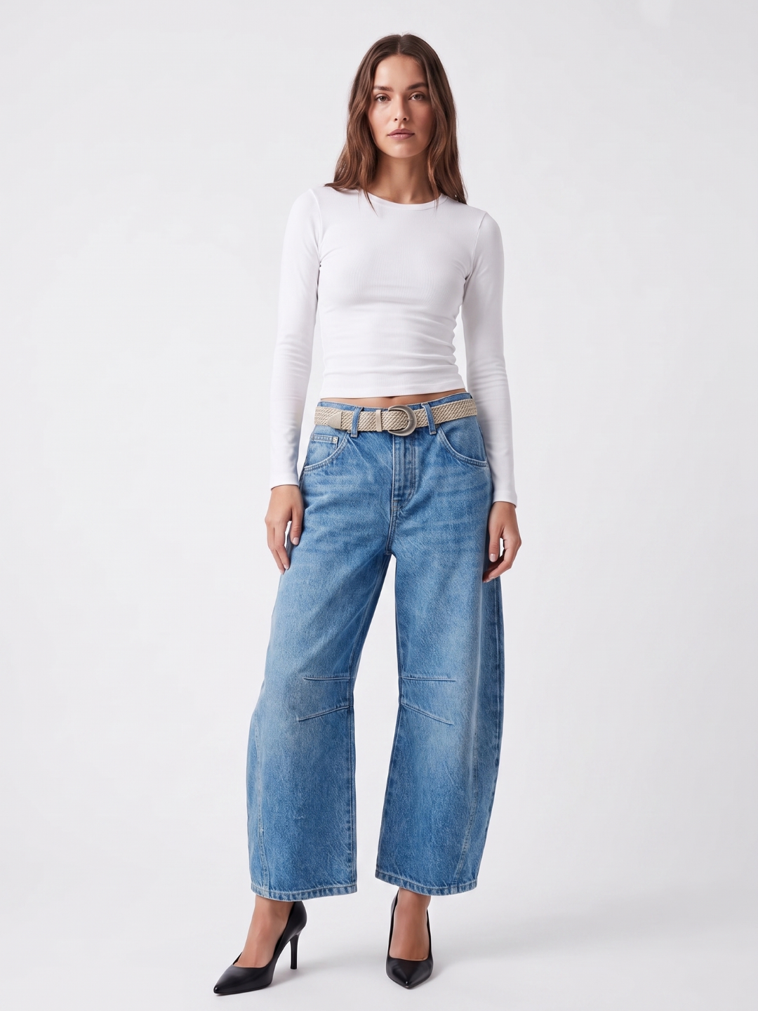 BRISEIS Women's Mid-Rise Barrel Leg Cropped Jeans