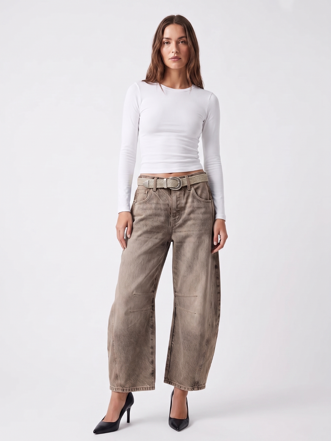 BRISEIS Women's Mid-Rise Barrel Leg Cropped Jeans