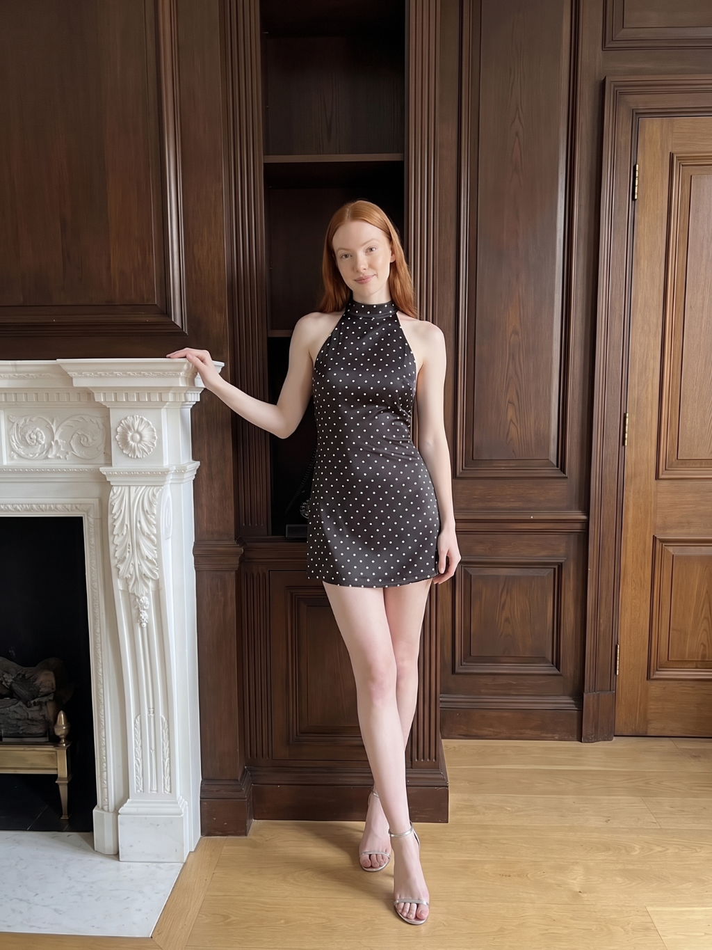 Raelynn | Polka Dot Satin Mock Neck Halter Mini Dress