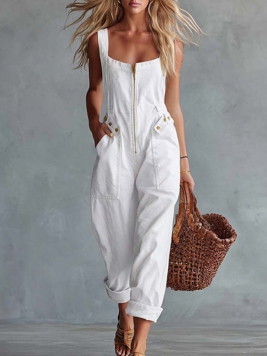 Sloane | Denim Cargo Square-Neck Jumpsuit