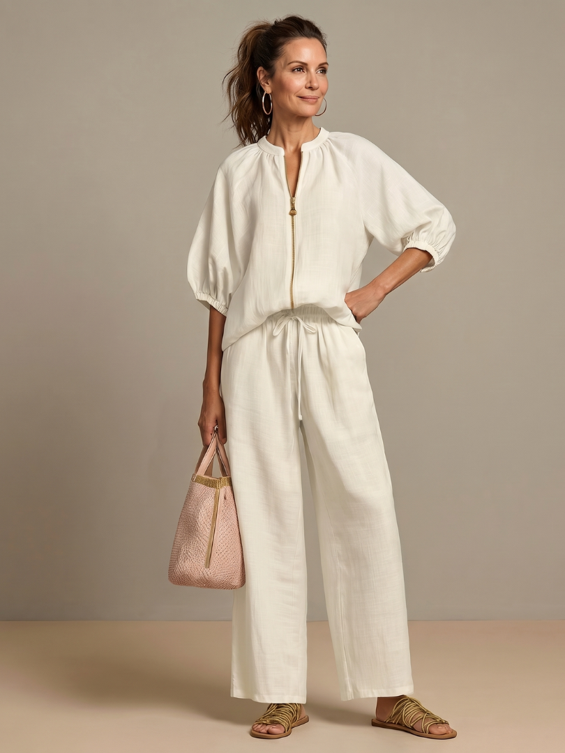 Marlene | Linen Zip-Front Balloon-Sleeve Co-ord Set