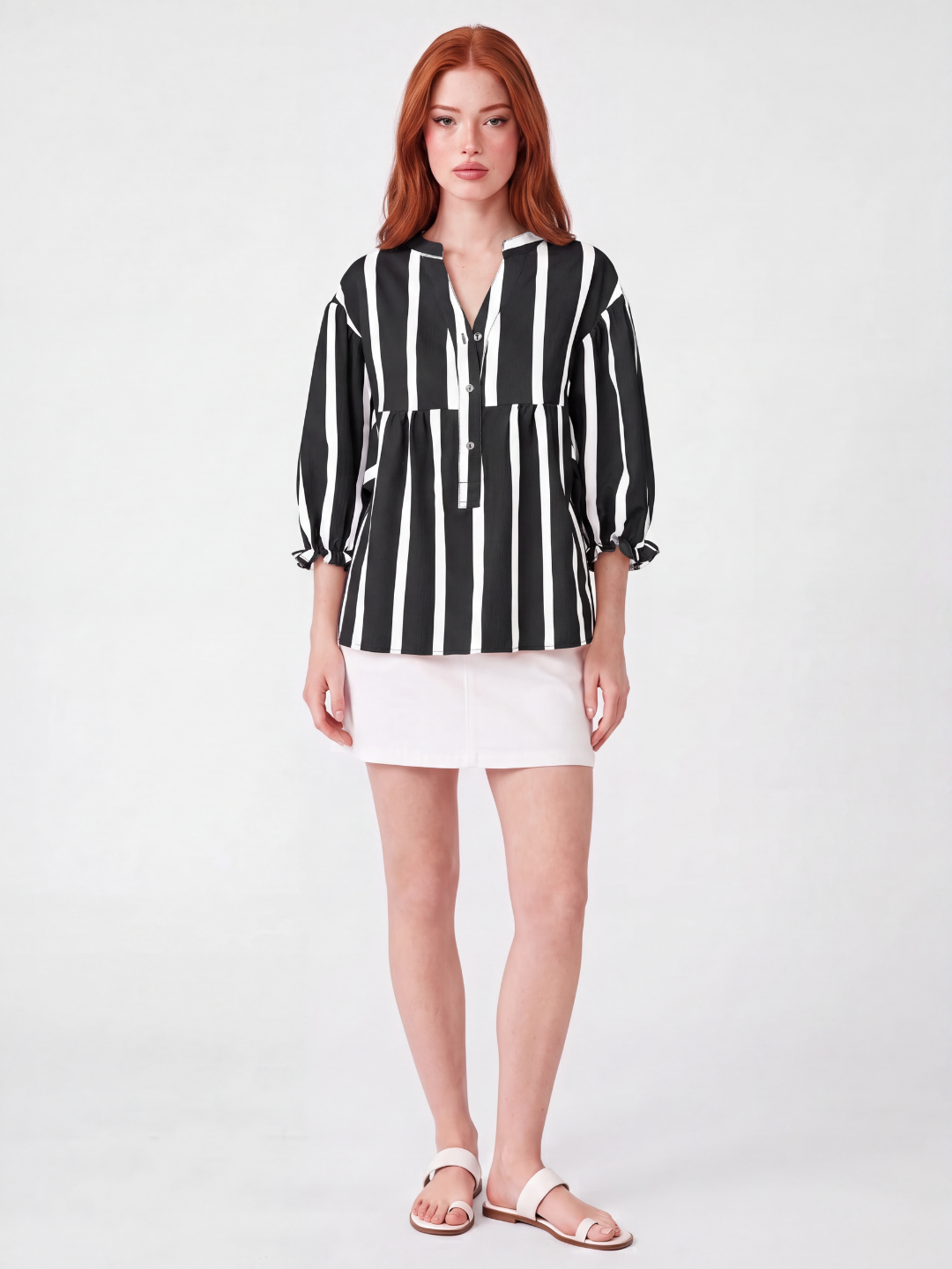 CALLA Women's Striped Notch-Neck Button-Front Peplum Blouse