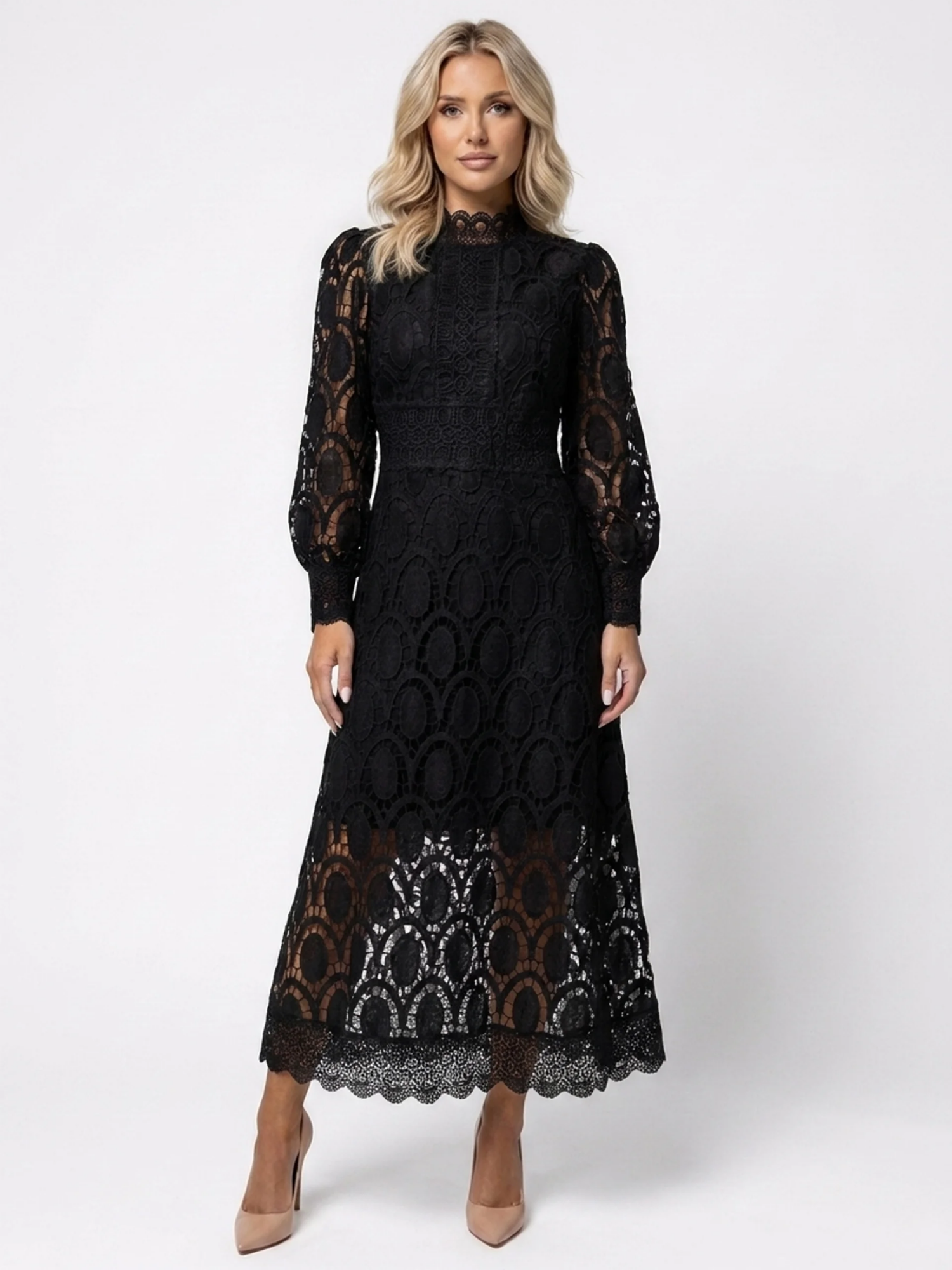 BLYTHE Women's Long Sleeve High Neck Lace Maxi Dress