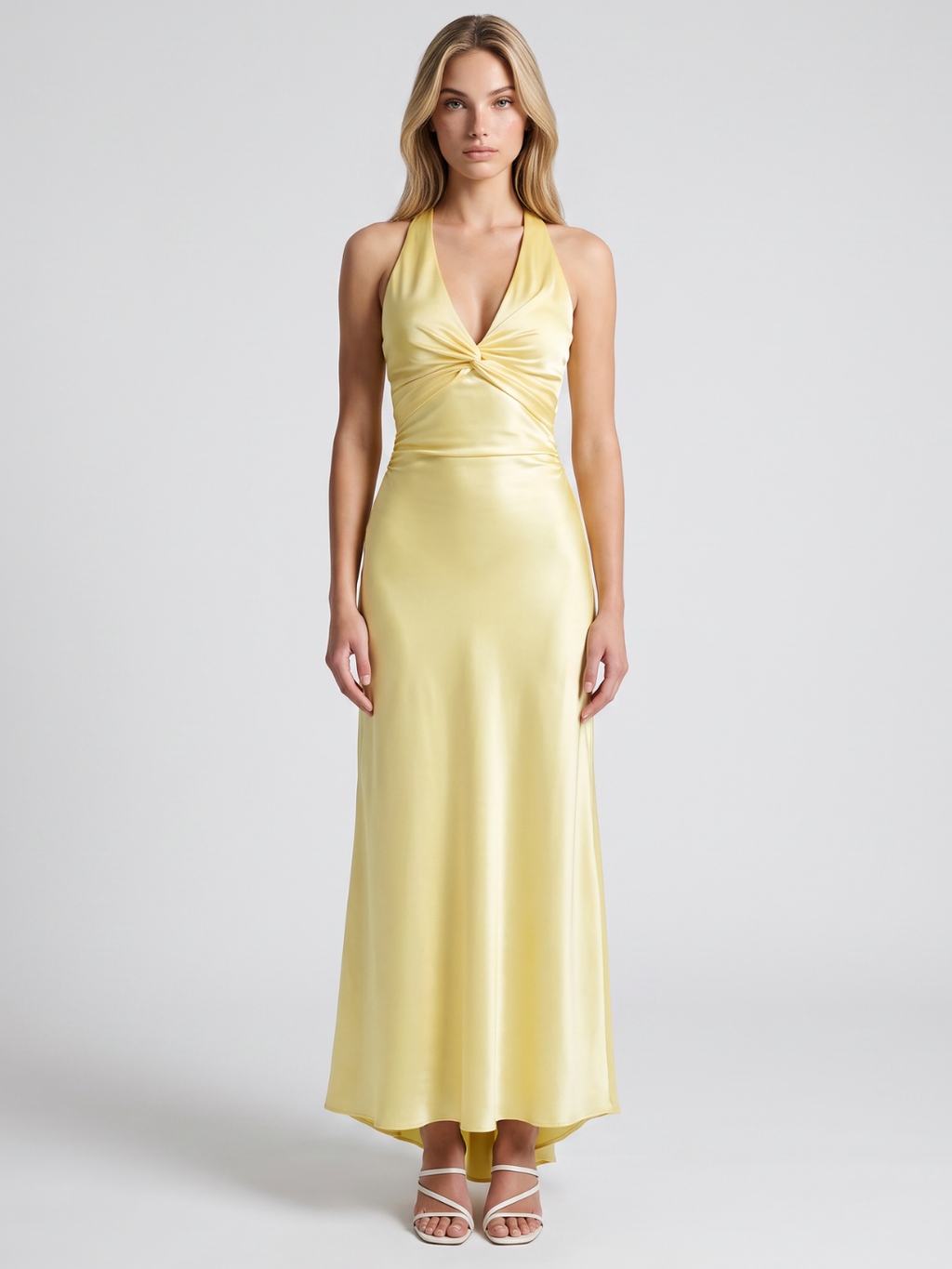 Alora | Twist Front Satin Backless Maxi Dress