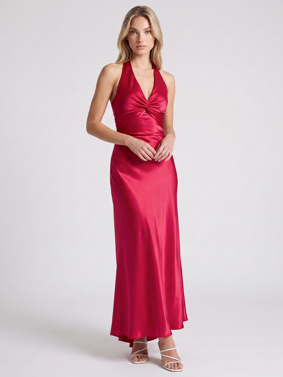 Alora | Twist Front Satin Backless Maxi Dress