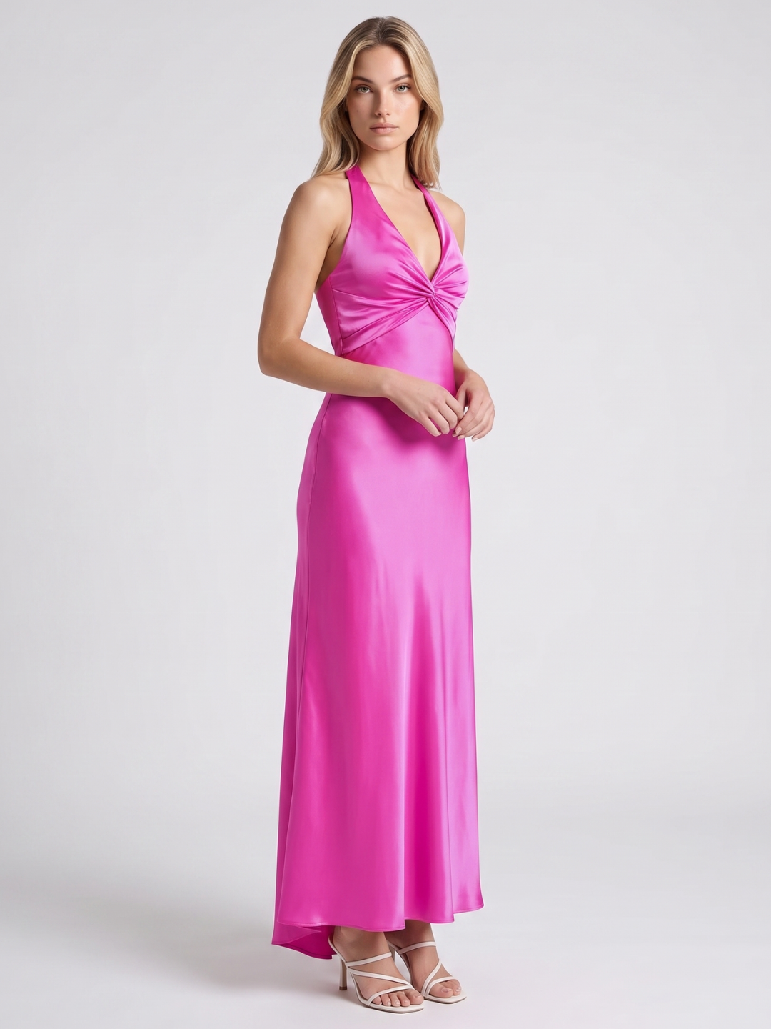 Alora | Twist Front Satin Backless Maxi Dress