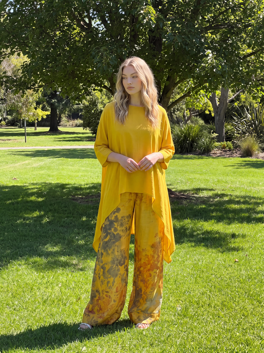 IONE Women's Asymmetric Top and Floral Print Wide Leg Pants Set