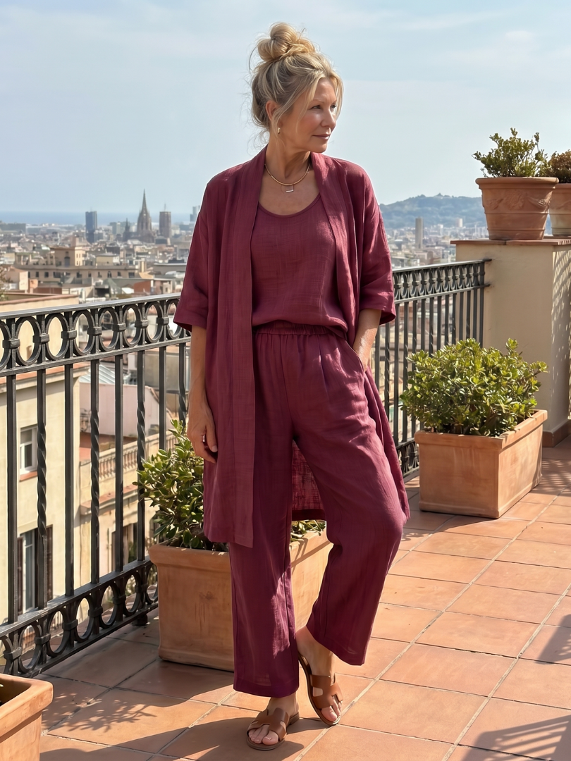 Delaney | Linen Tank Wide-Leg Pant Kimono 3-Piece Co-ord Set