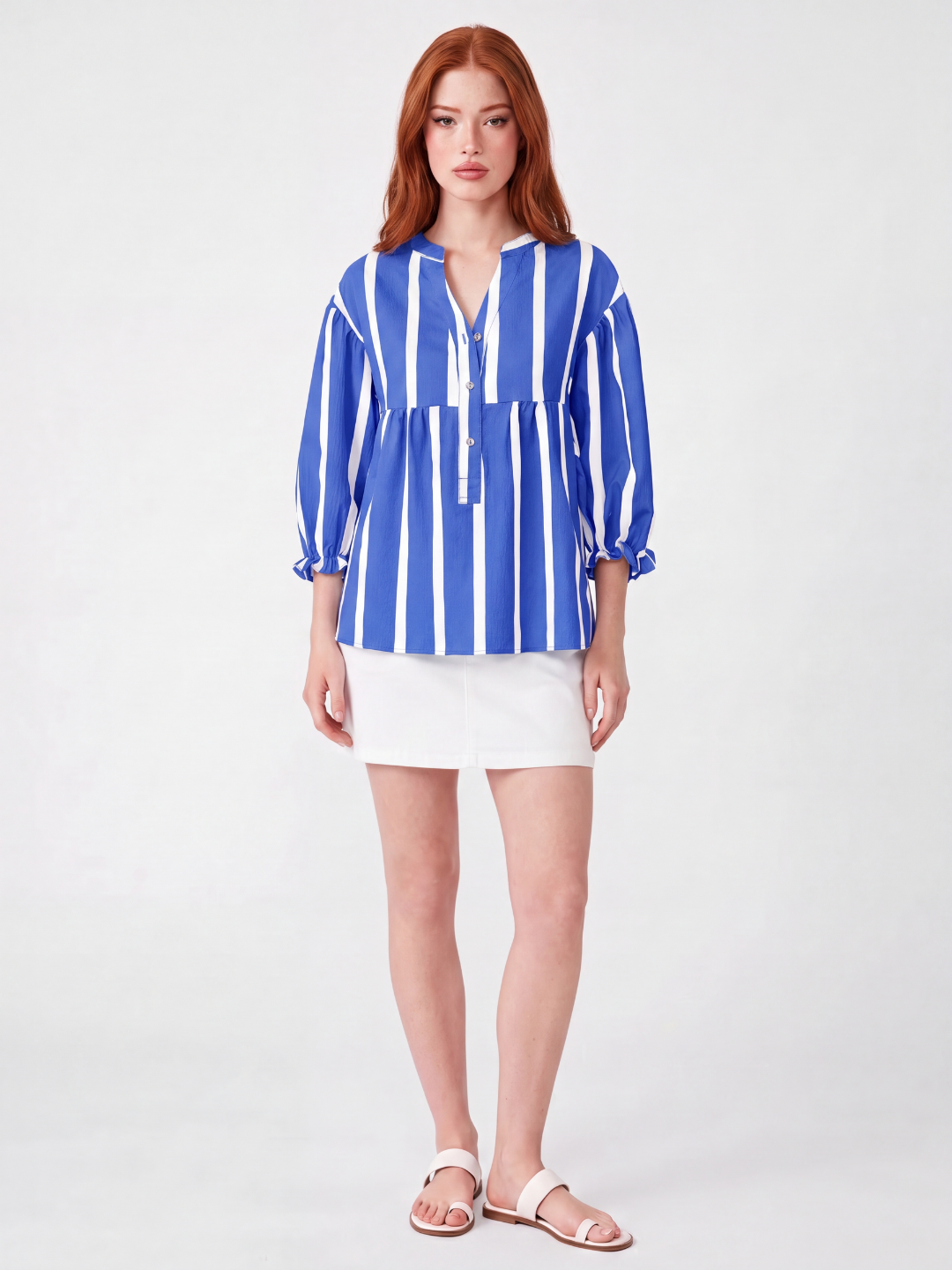 CALLA Women's Striped Notch-Neck Button-Front Peplum Blouse