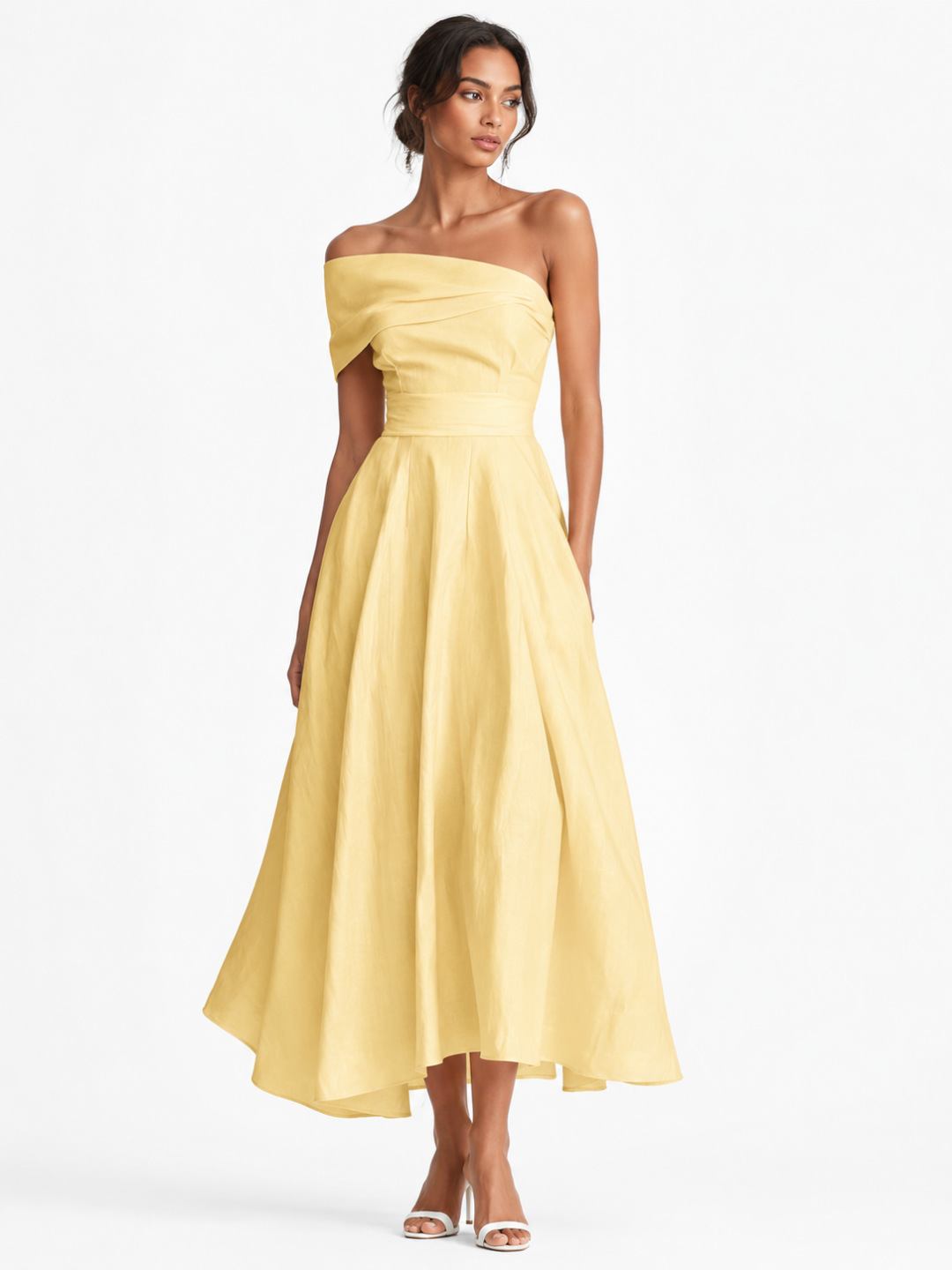 VESPER Women's One-Shoulder Fitted Waist Linen Maxi Dress