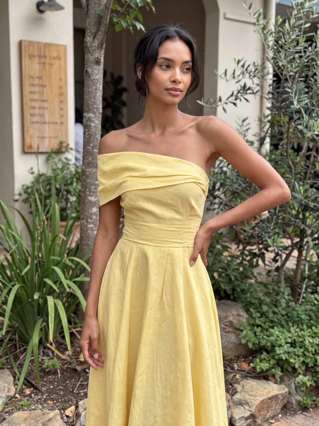 VESPER Women's One-Shoulder Fitted Waist Linen Maxi Dress