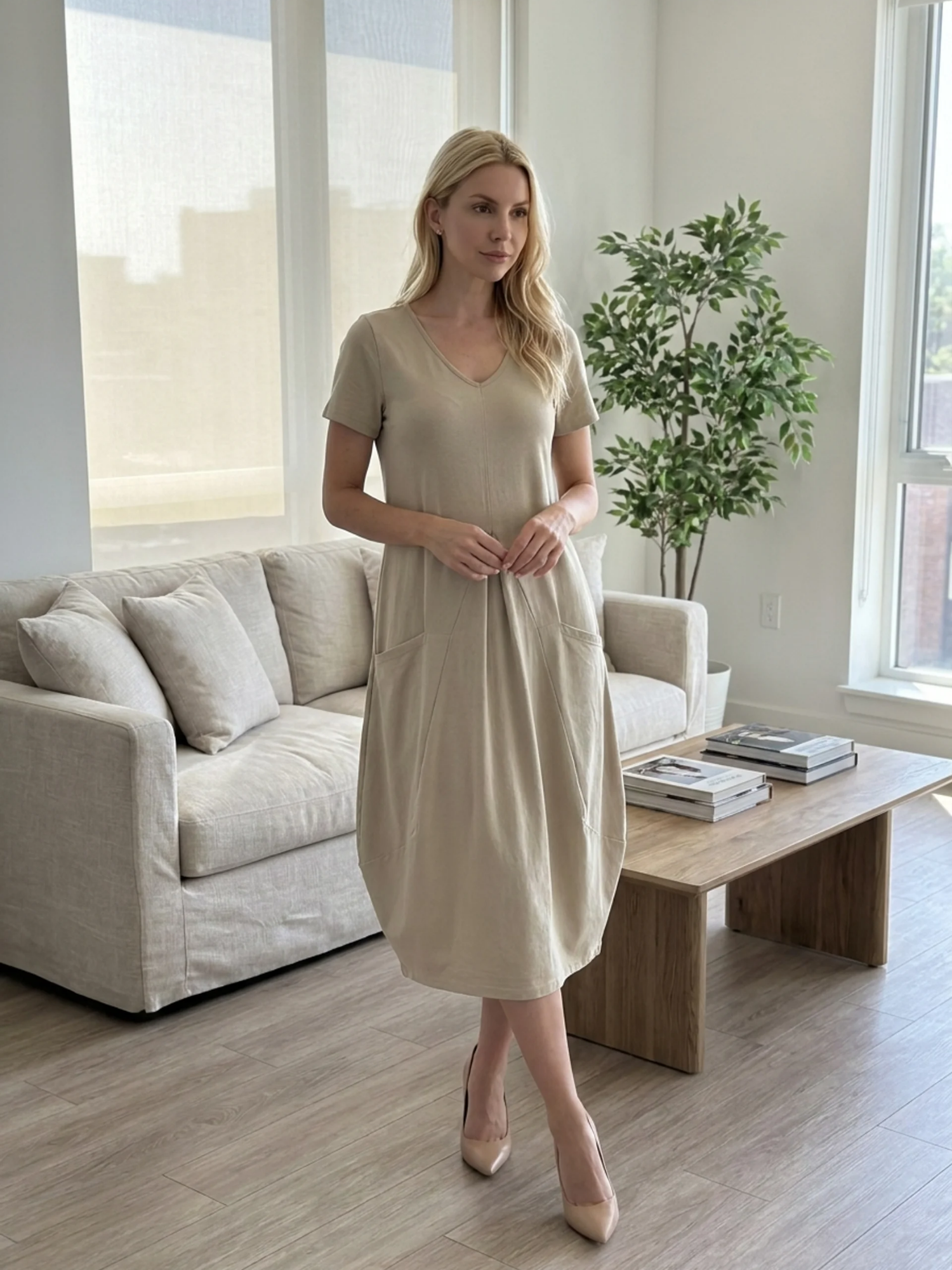 MABEL Women's Short Sleeve Casual Midi Dress