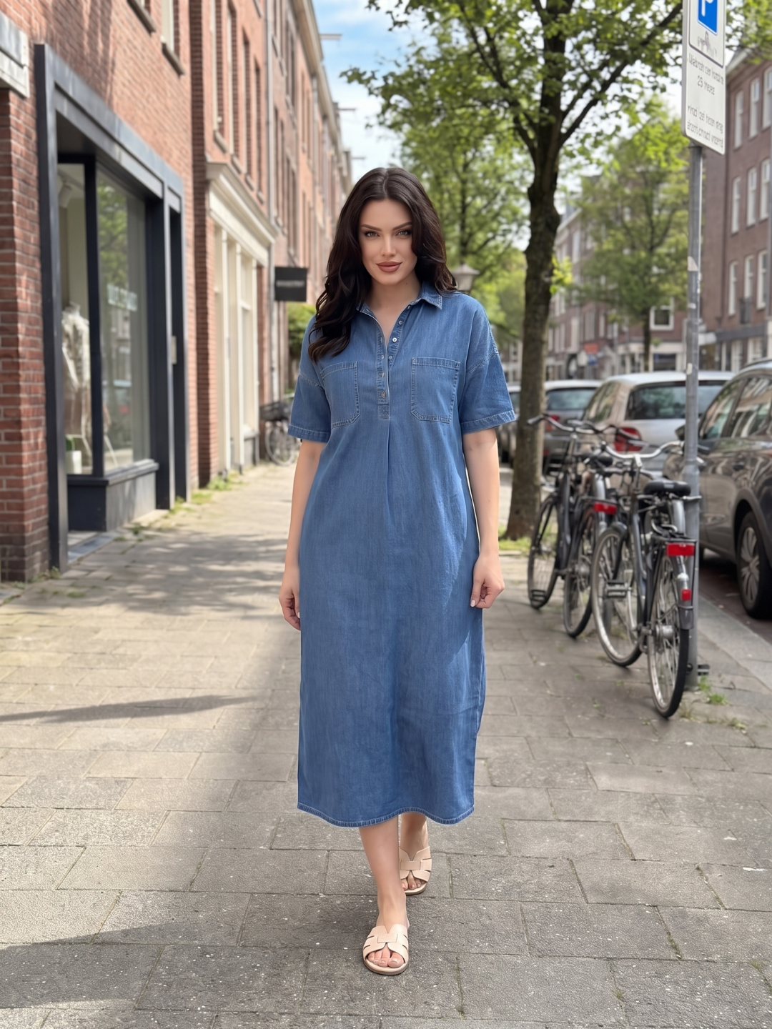 EFFIE Women's Short Sleeve Polo Collar Denim Midi Dress