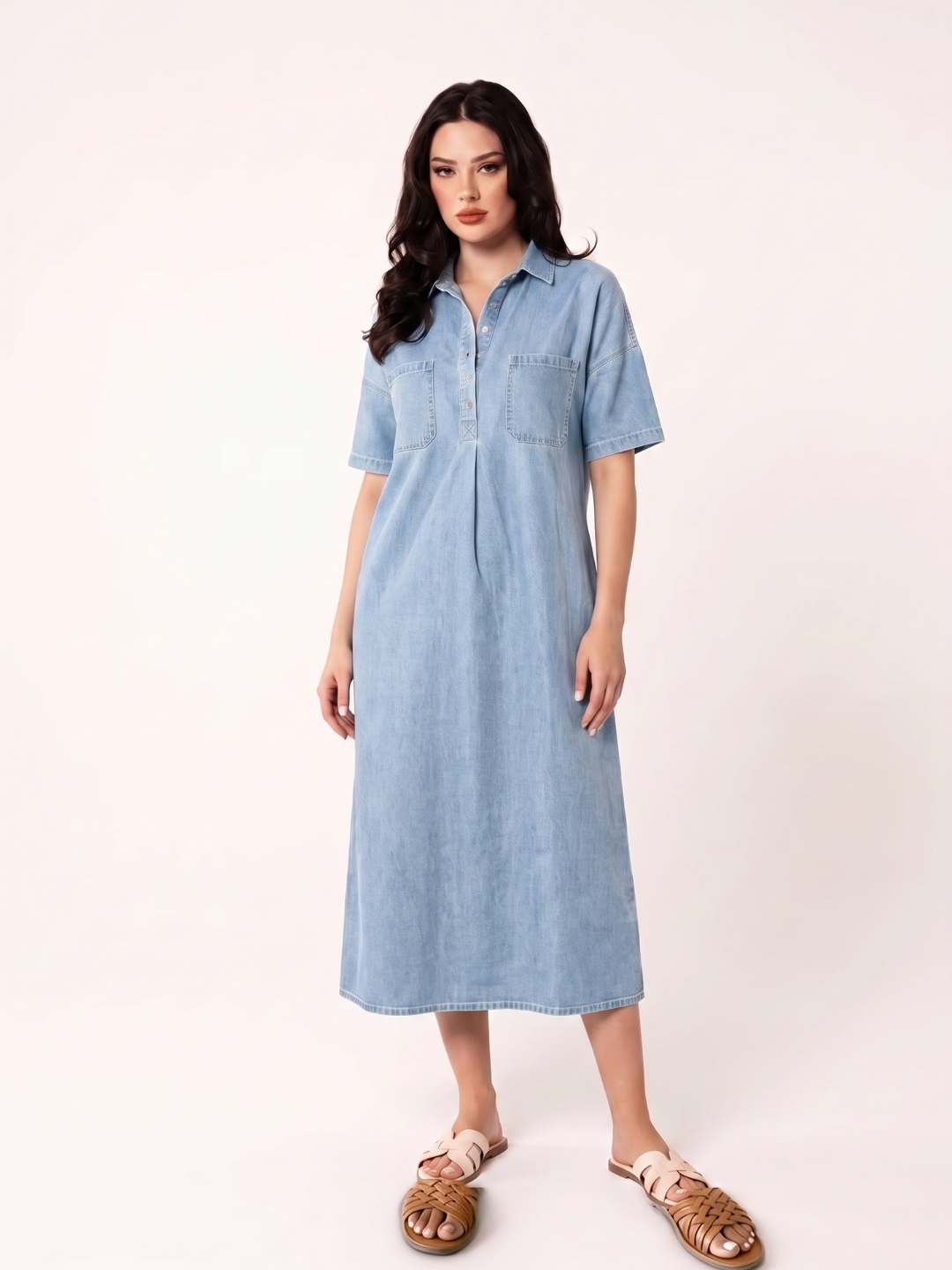 EFFIE Women's Short Sleeve Polo Collar Denim Midi Dress