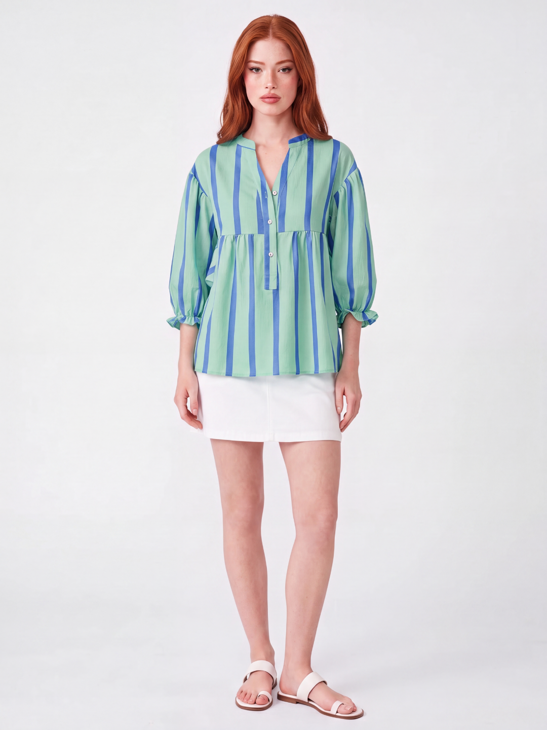CALLA Women's Striped Notch-Neck Button-Front Peplum Blouse
