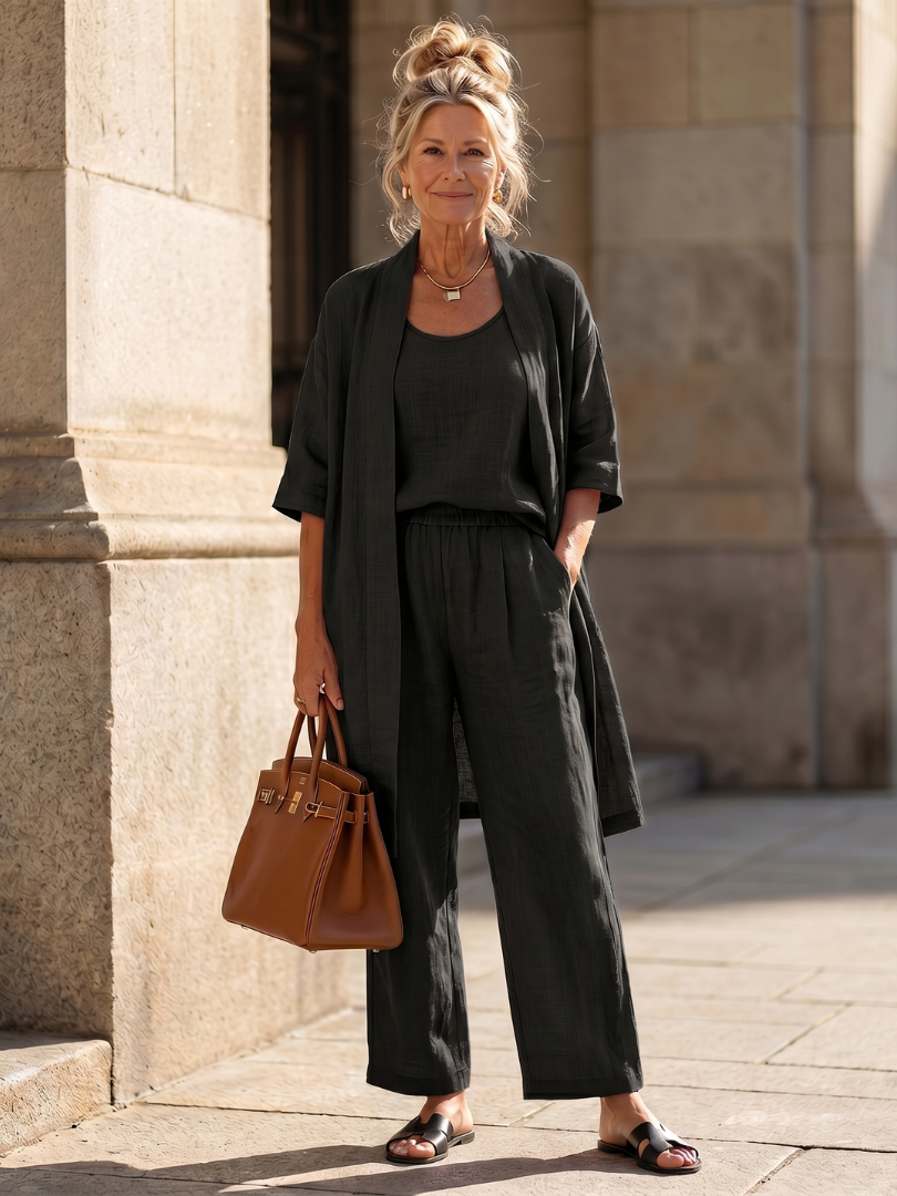 Delaney | Linen Tank Wide-Leg Pant Kimono 3-Piece Co-ord Set