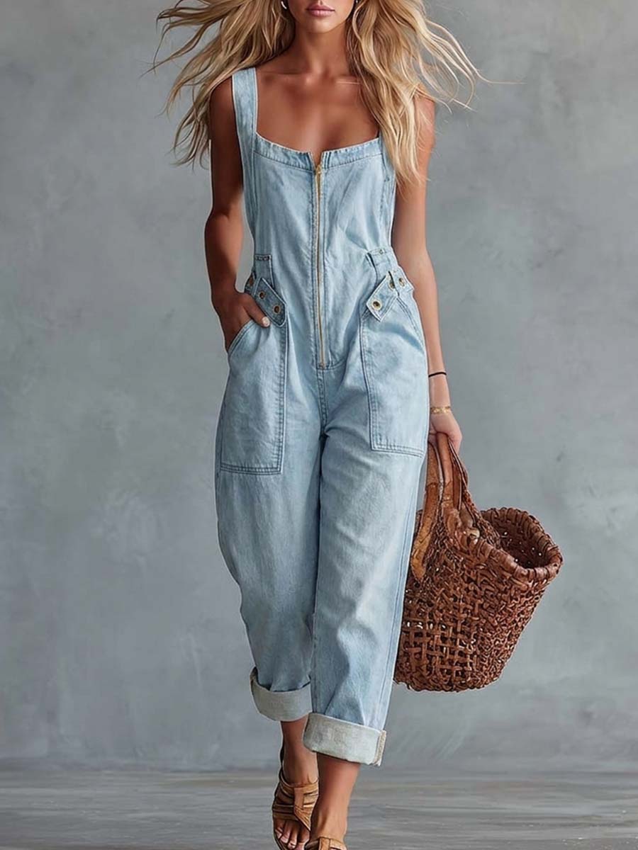 Sloane | Denim Cargo Square-Neck Jumpsuit