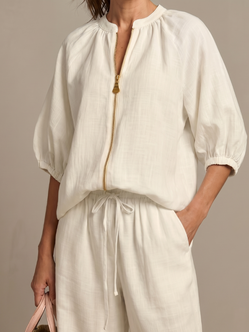 Marlene | Linen Zip-Front Balloon-Sleeve Co-ord Set
