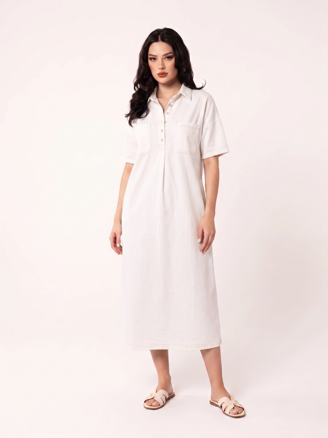 EFFIE Women's Short Sleeve Polo Collar Denim Midi Dress