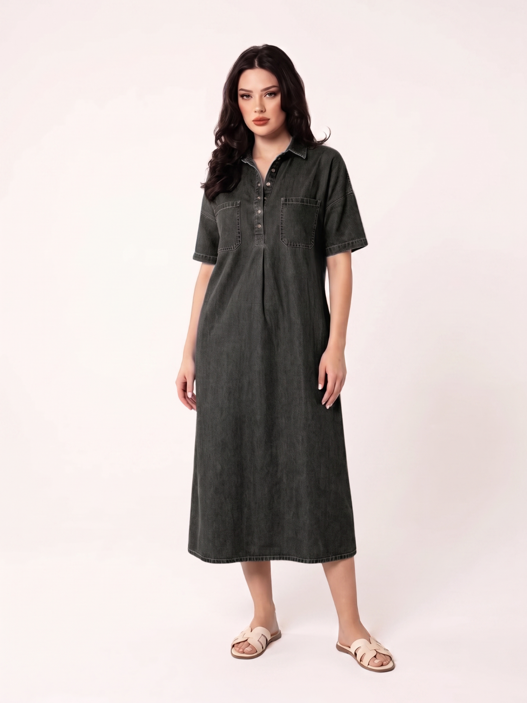 EFFIE Women's Short Sleeve Polo Collar Denim Midi Dress