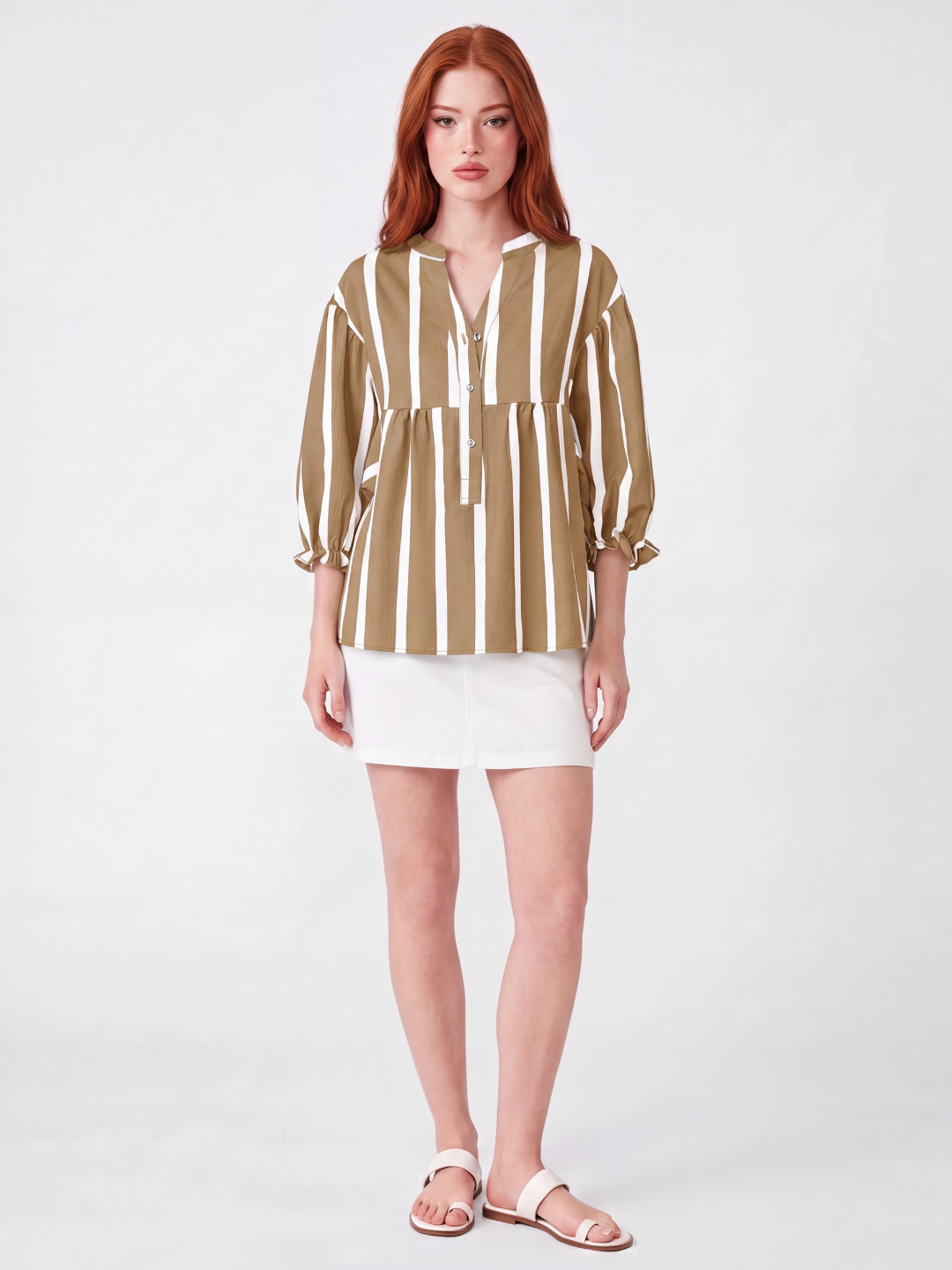 CALLA Women's Striped Notch-Neck Button-Front Peplum Blouse