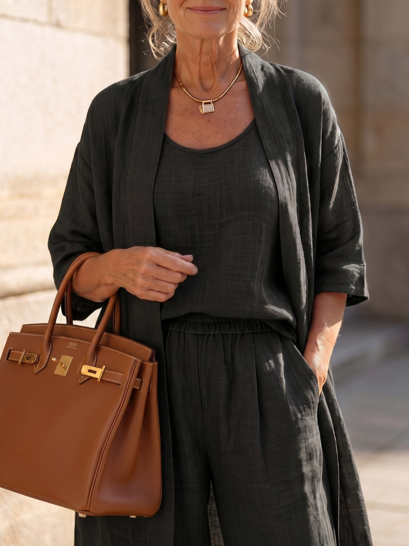 Delaney | Linen Tank Wide-Leg Pant Kimono 3-Piece Co-ord Set