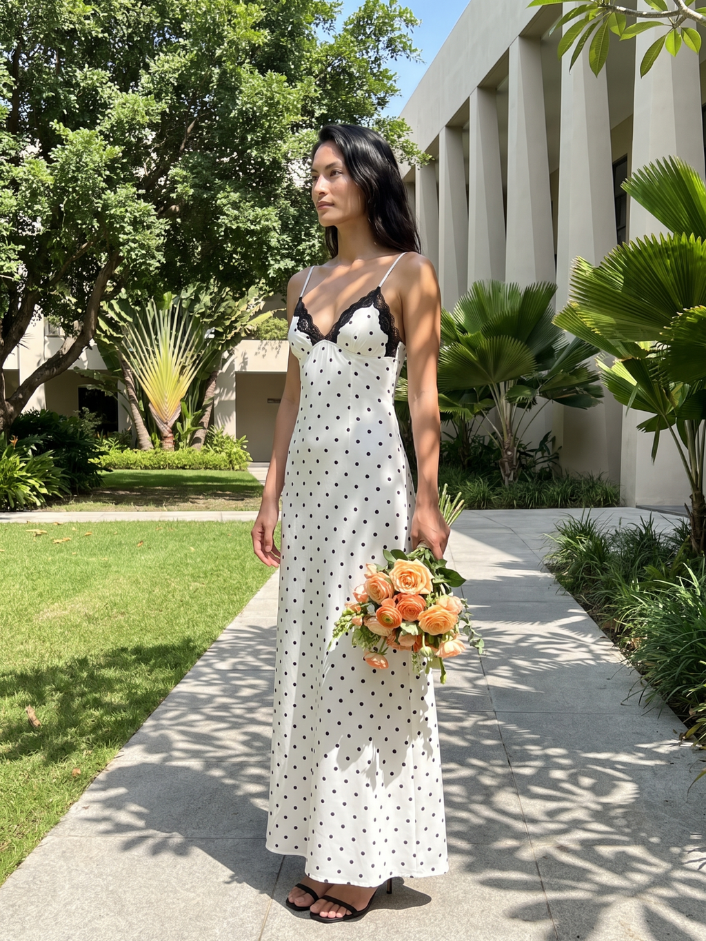 Calliope | Polka Dot Lace Trim Slip Maxi Dress