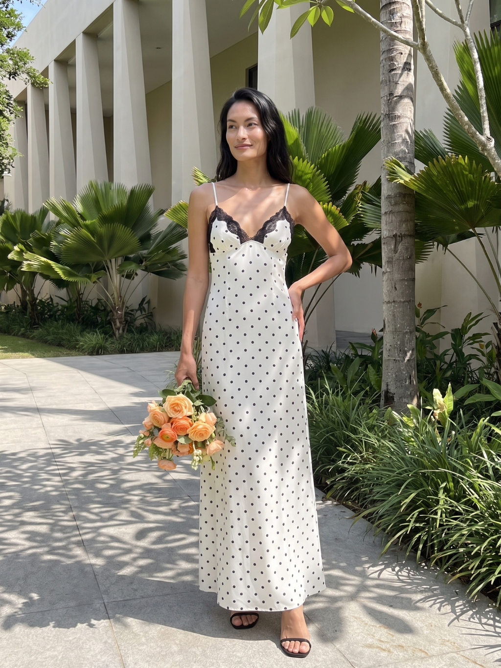 Calliope | Polka Dot Lace Trim Slip Maxi Dress