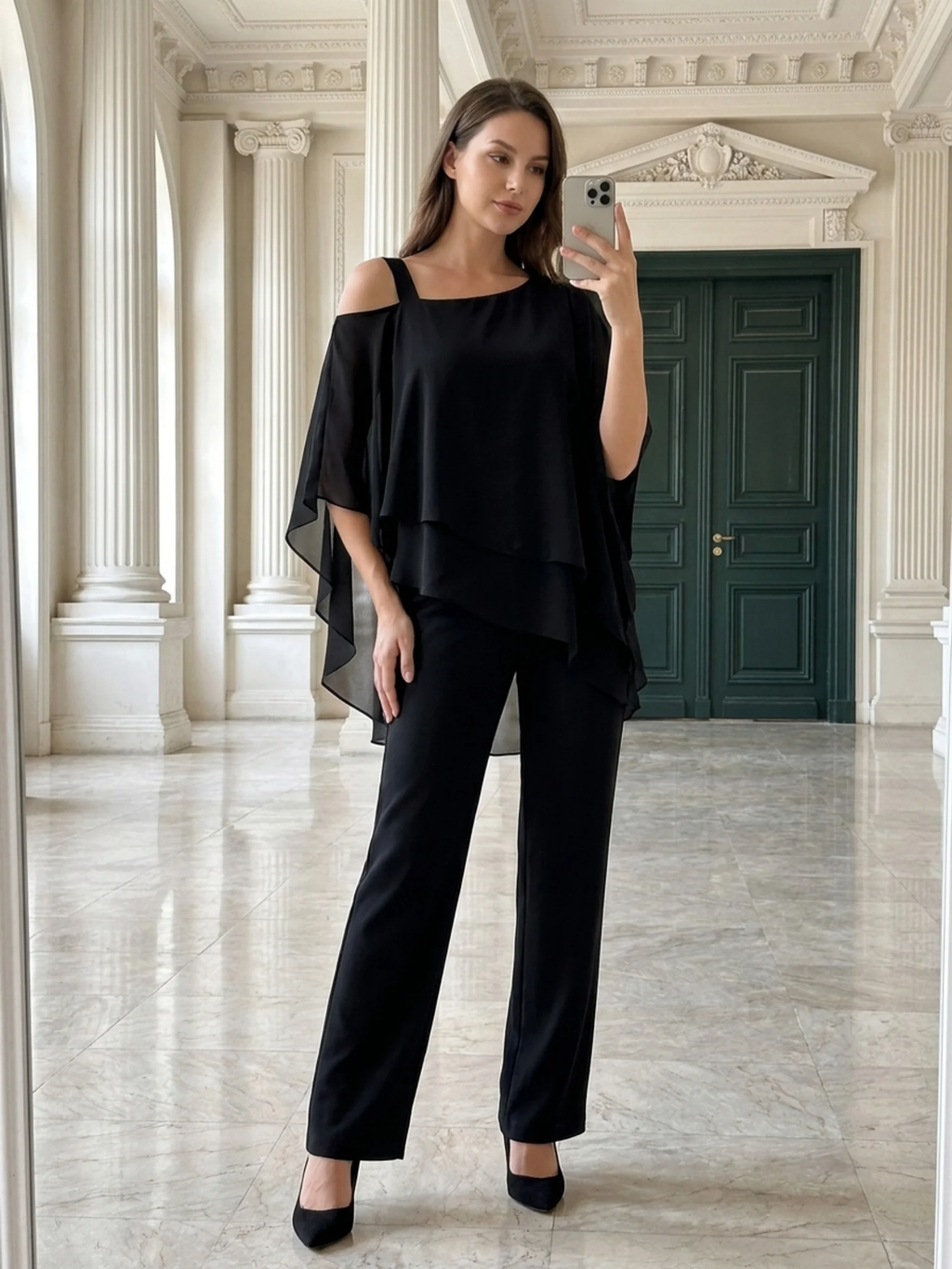 CASSIA Women's Cold Shoulder Overlay Top and Trouser Set