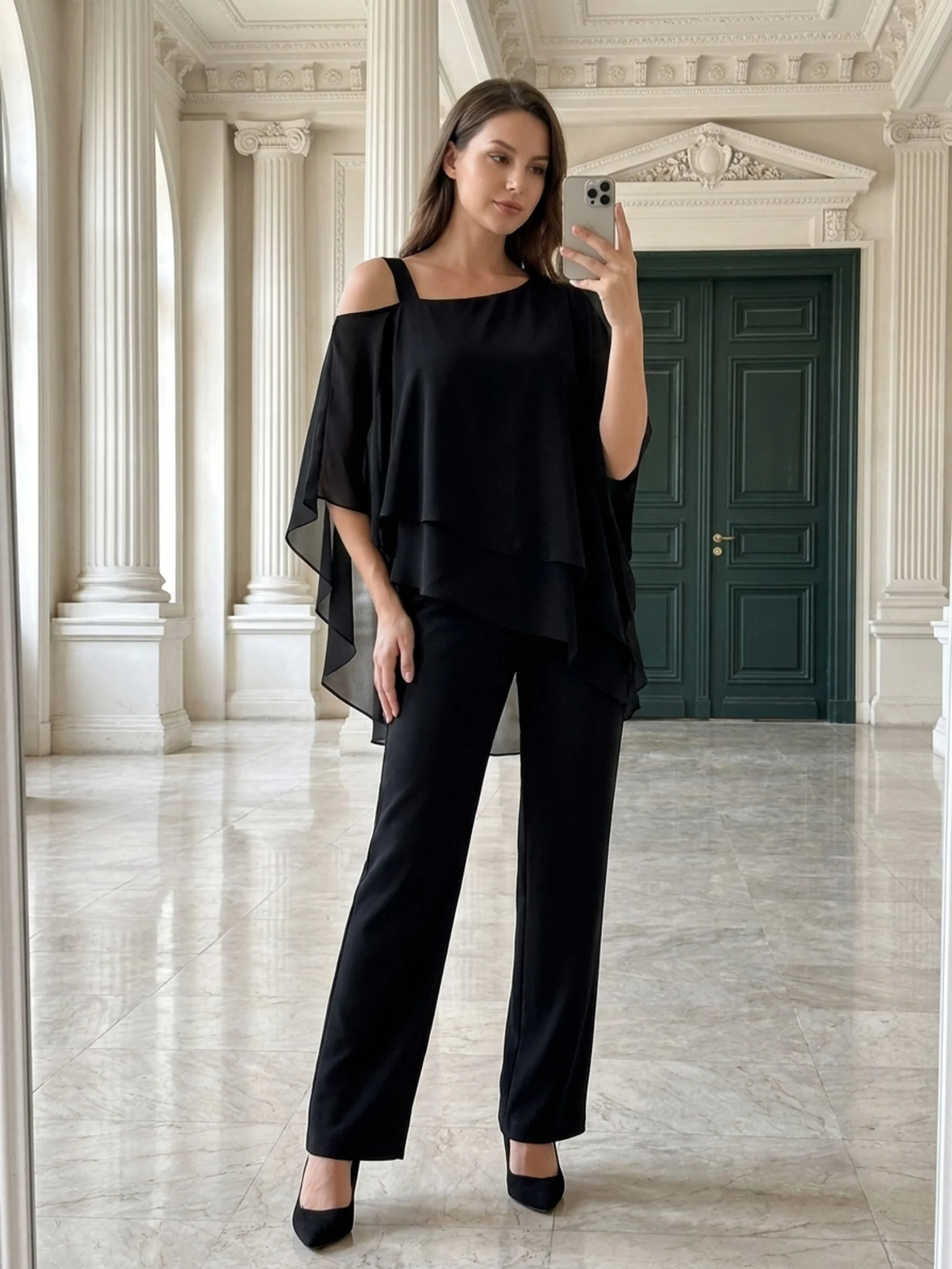 CASSIA Women's Cold Shoulder Overlay Top and Trouser Set