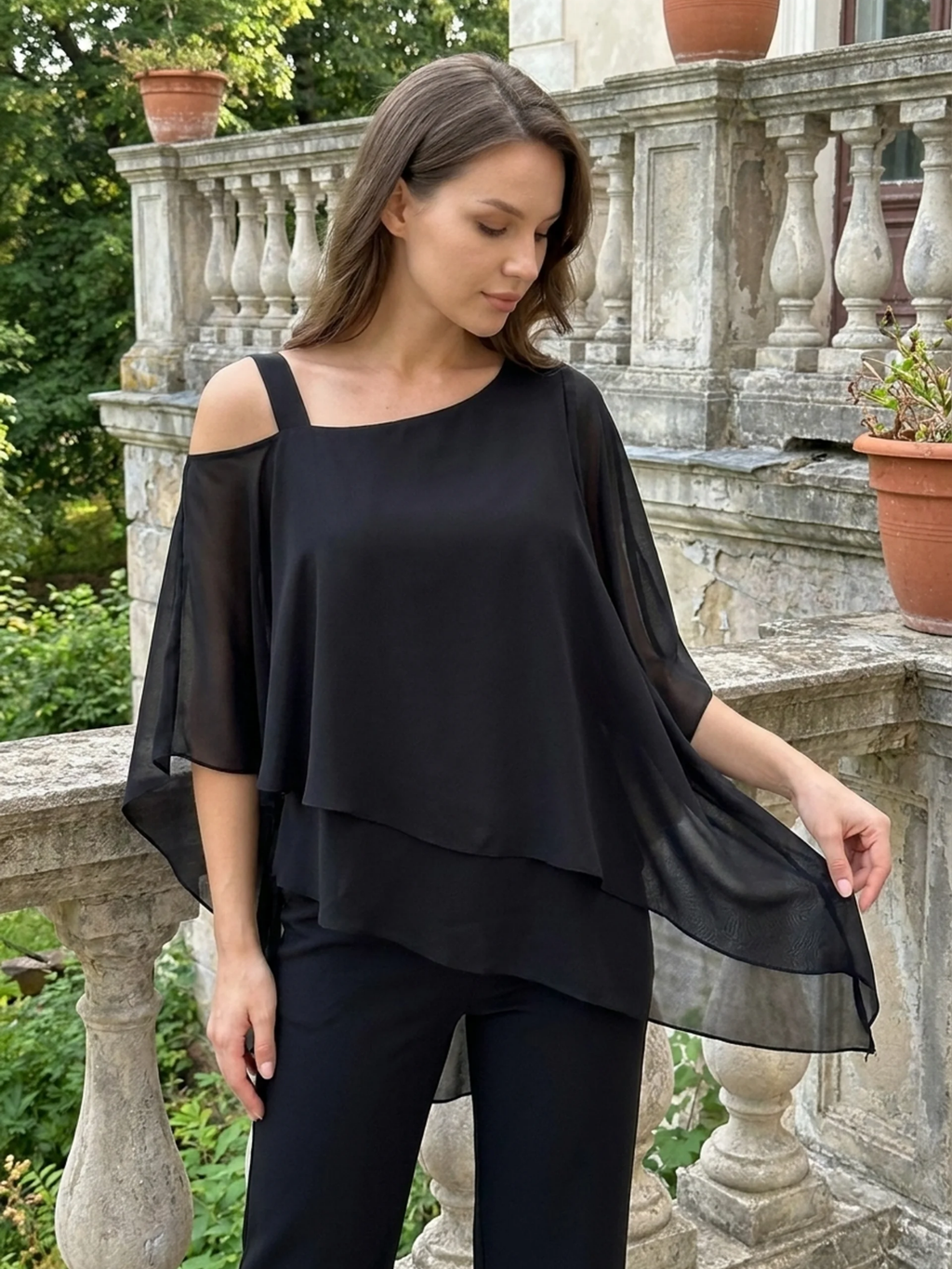 CASSIA Women's Cold Shoulder Overlay Top and Trouser Set