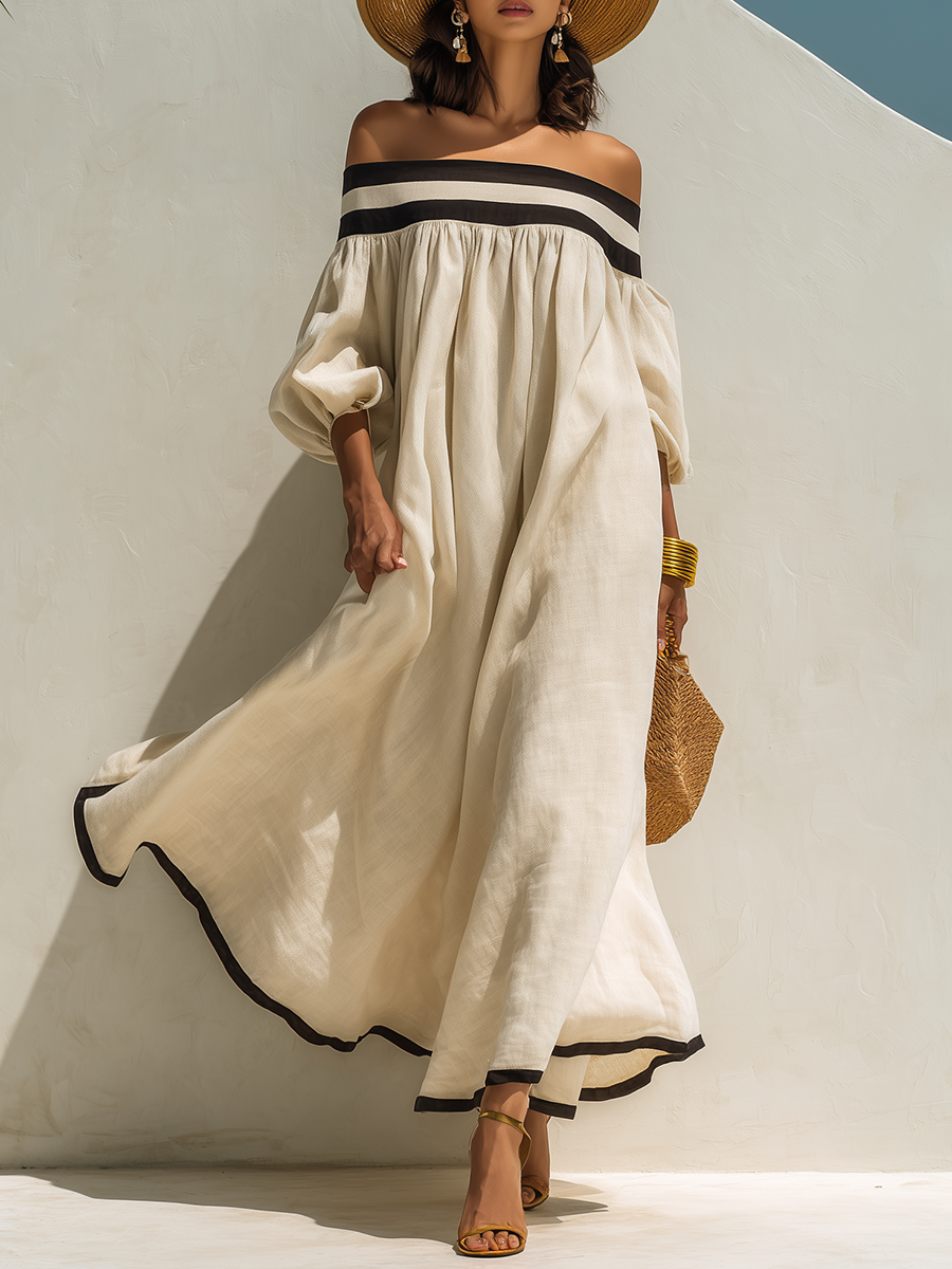 Ava | Linen Off-Shoulder Balloon Sleeve Maxi Dress
