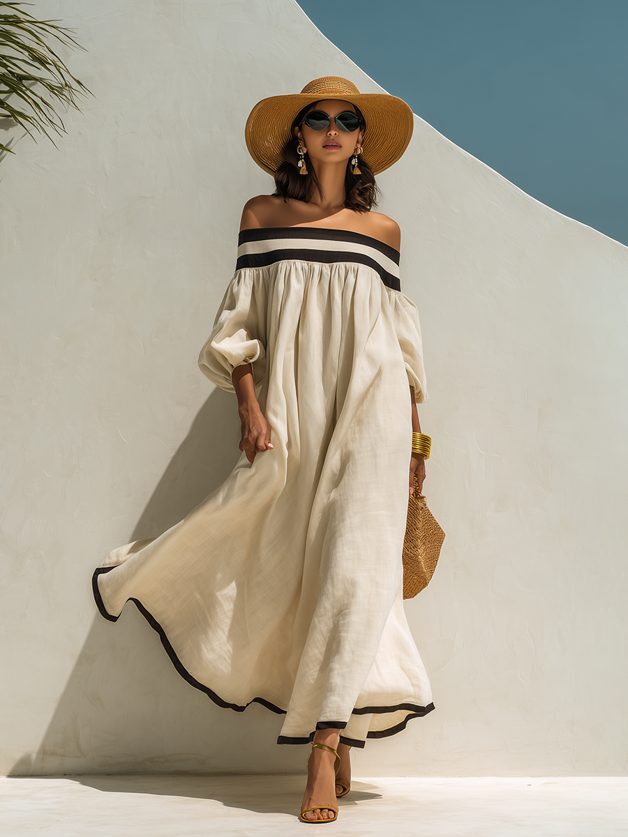 Ava | Linen Off-Shoulder Balloon Sleeve Maxi Dress